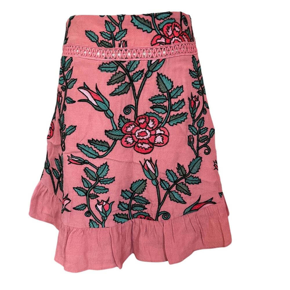 Rare For Love & Lemons Rosali Pink Floral Embroidered Ruffle Mini Skirt Size S